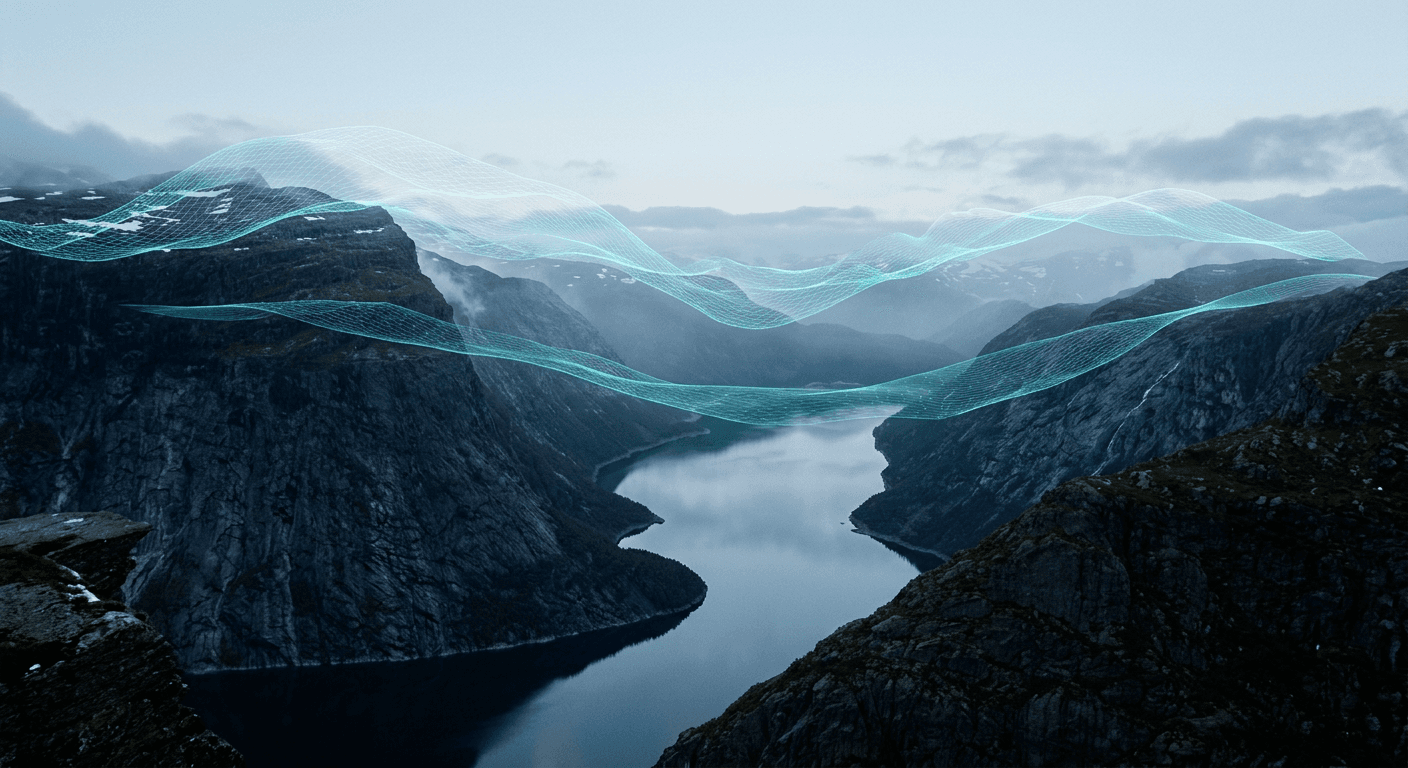 Translucent glowing wireframe ribbons drifting over a Nordic fjord between dark cliffs at dusk